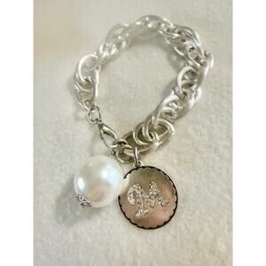 John Wind Sorority Gal Cotton Pearl Initial Bracelet Silver Initial M
